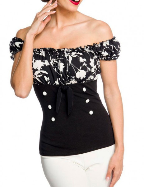 Schulterfreie Bluse aus Jersey mit kurzen Ärmeln und Carmenausschnitt Blumenmuster Retro-Top mit Knö
