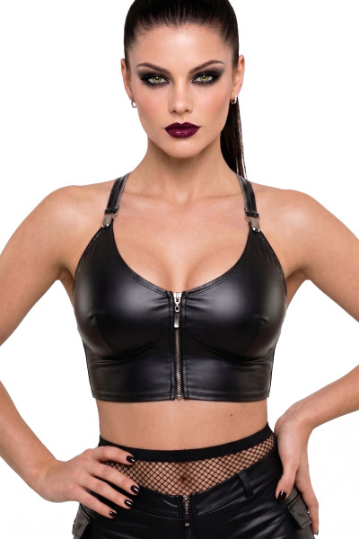 Schwarzes Damen Top Oberteil aus glänzendem Wetlook Material mit vorderem Reißverschluss elastisch