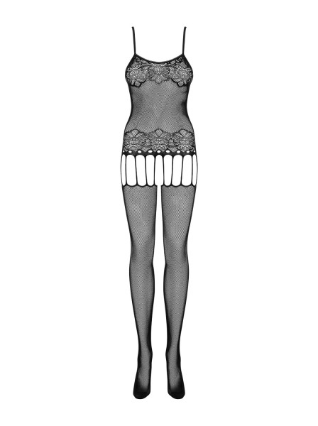 Strick Damen Dessous Bodystocking Strapshemd Optik in schwarz mit Netzstrümpfen und Riemchen erotisc