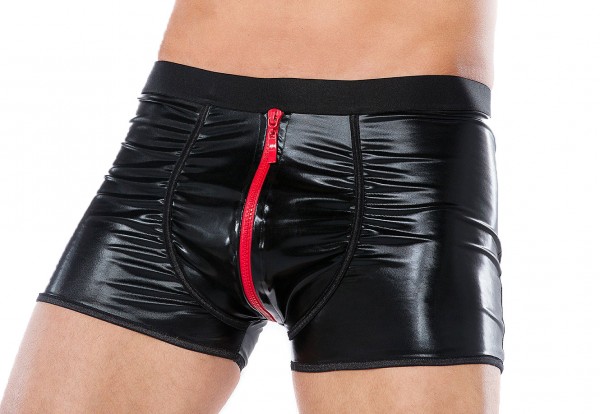 Herren Dessous Boxershorts schwarz aus wetlook Material mit Reißverschluss Männer Shorts Unterwäsche