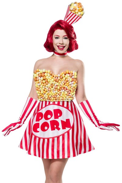 Damen Popcorn Girl Fantasy Kostüm Süßigkeiten Verkleidung aus Kleid, Haarreif, Handschuhe in bunt Po