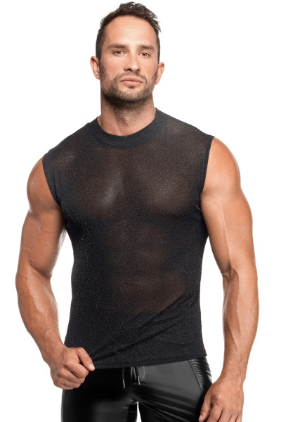 Transparentes Herren Tanktop schwarz aus Mesh Material mit Tüll Rundkragen Männer Shirt kurzarm Slim