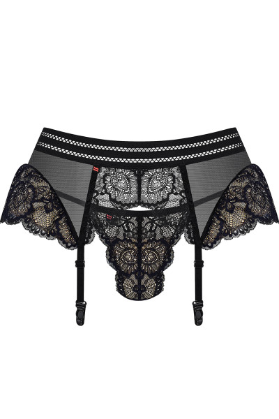 Eleganter Strumpfhaltergürtel mit T-String in schwarz aus feinem Netzmaterial und Spitze transparent