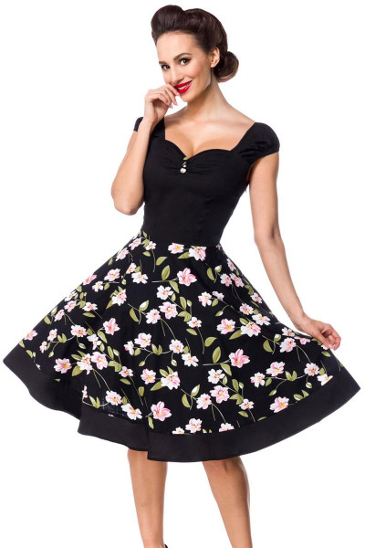 Schwarzes knielanges Swing Kleid im High Waist Schnitt mit Tellerrock und Herz-Ausschnitt und rosa R