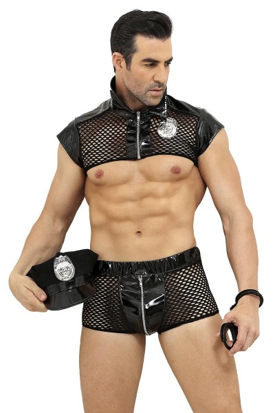 Herren sexy schwarzes Wetlook Netz Polizei-Kostüm mit Shorts Mütze Oberteil Handschellen mit Reißver