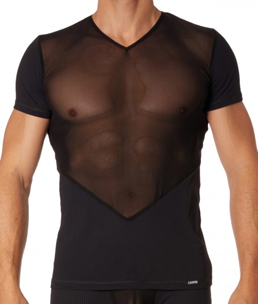 Schwarzes Herren T-Shirt Dessous Shirt aus dehnbarem Tüll gelocht teiltransparent Männer Unterwäsche