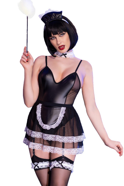Damen Dessous Maid Set Hausmädchen Kostüm mit schwarzem Kunstleder Body, Rock, Strümpfe, Haube und H