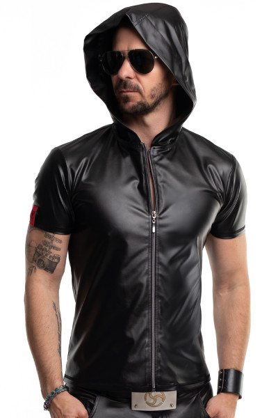 Schwarze Herren wetlook Jacke Shirt Kapuze mit Reißverschluss, Kragen und Kunstleder elastisch