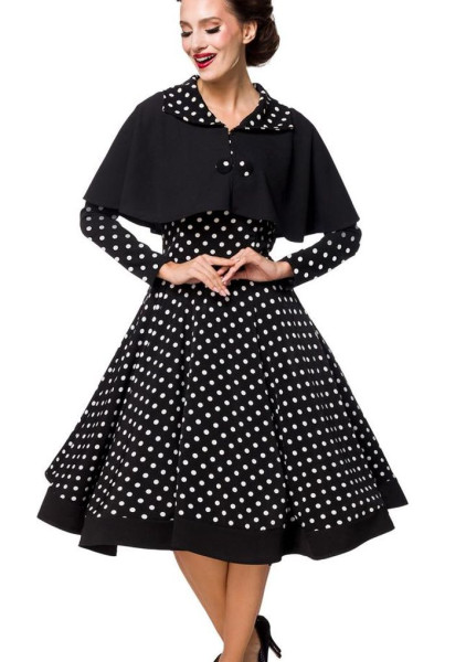 Schwarzes knielanges Swing Kleid im High Waist Schnitt mit Cape und V-Ausschnitt Vollglocke und weiß