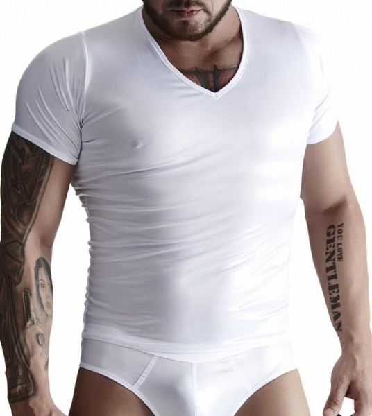 Herren T-Shirt weiß aus wetlook Material Hemd dehnbar blickdicht Gogo fetisch Shirt Männer