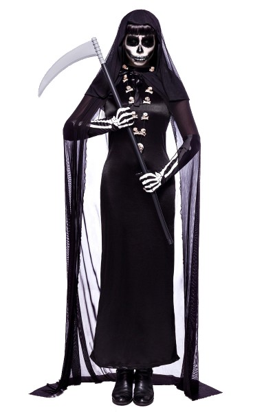 Damen Geister Zombie Kostüm Sensenmann Verkleidung aus Kleid, Handschuhe, Kochenkette, Sense und Per