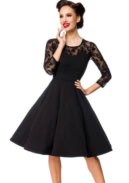Schwarzes knielanges Swing Kleid im High Waist Schnitt mit Spitze und Hochgeschlossen Vollglocke und