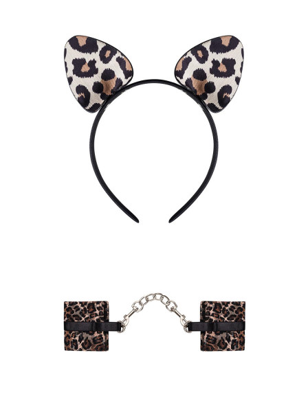 Frauen Dessous Leopard Handschellen aus Kunststoff und Metall Ketten Schwarz Metallring Katzenohren