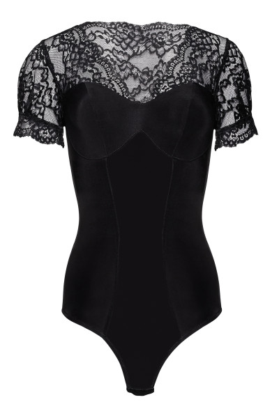 Schwarzer eleganter Damen Dessous Body mit Spitze blickdicht elastisch Hakenverschluss im Schritt ku