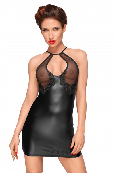Damen Dessous fetisch wetlook Minikleid mit dekorativer Stickerei unter der Brust in schwarz teiltra