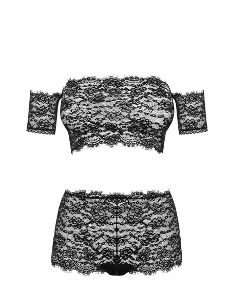Frauen Dessous Spitzen Reizwäsche Set aus Bandeau Top mit Ärmel und Spitzen Hotpant in schwarz teilt