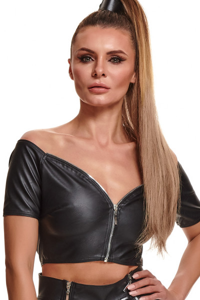 Schwarzes DamenTop kurzarm aus elastischem Kunstleder mit Reißverschluss Frauen Shirt mit Ausschnitt