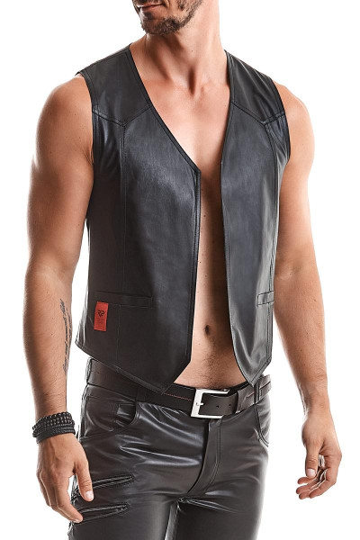 Schwarze Herren Weste aus mattem dehnbarem Wetlook mit zwei Taschen vorn und Riemen auf der Rückseit