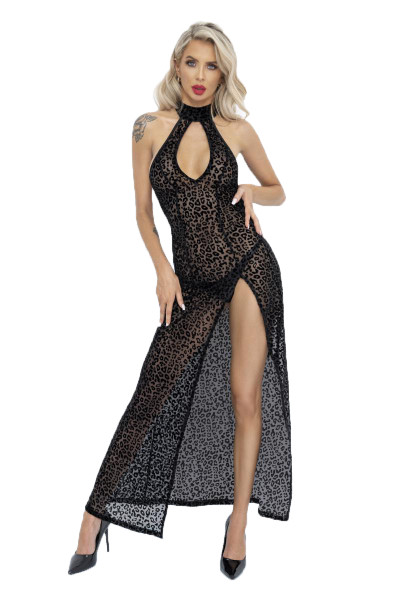 Langes schwarzes Flockkleid im Leoparden-Look mit Schlitz Neckholder Maxikleid elastisch transparent